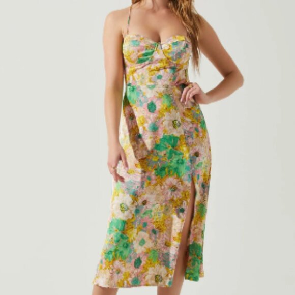Astr Dresses & Skirts - NWT Gala Bustier Cross Strap Midi Dress Color: Coral yellow floral Size XL